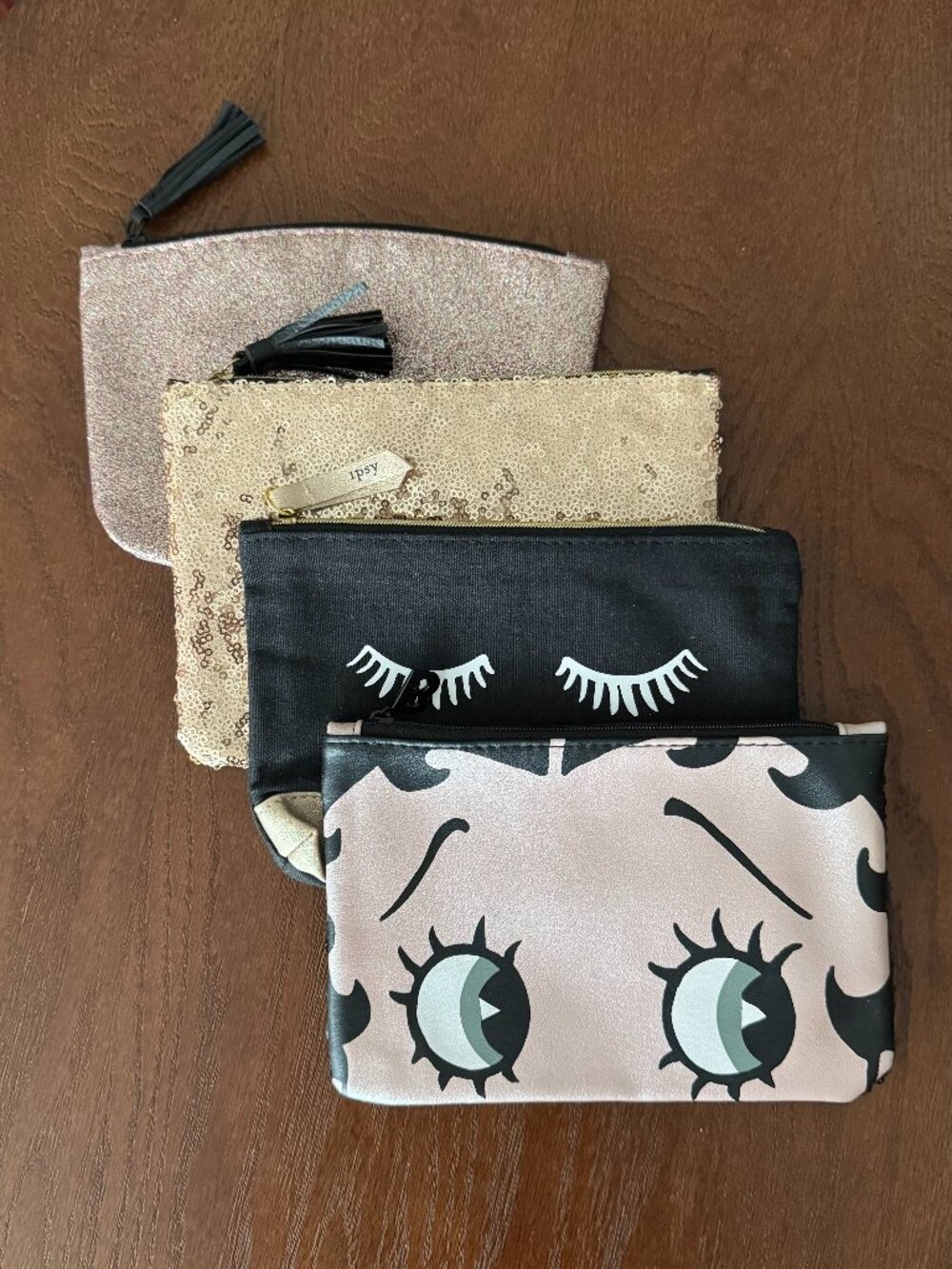 Ipsy Betty Boop Glam Bag Lot of 4 Black Gold Sequin Cosmetic Pouches